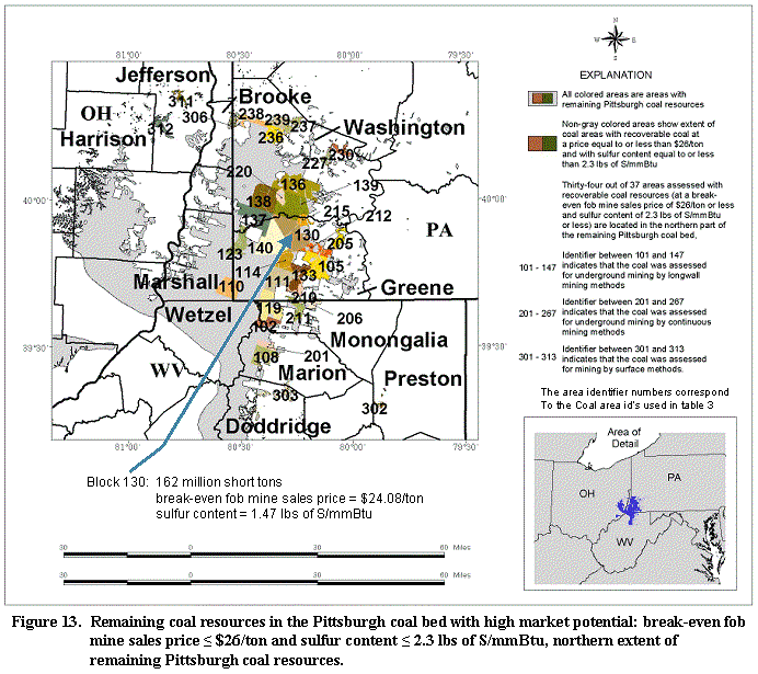 Figure 13. Remaining coal resources in the Pittsburgh coal bed with high market potential.