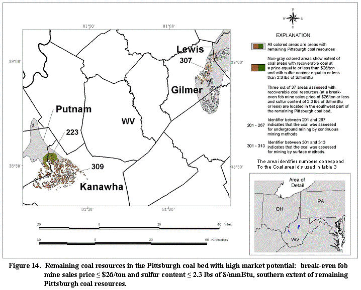 Figure 14. Remaining coal resources in the Pittsburgh coal bed with high market potential.