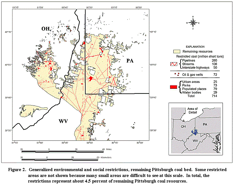 Figure 2.  Generalized environmental and social restrictions, remaining Pittsburgh coal bed.