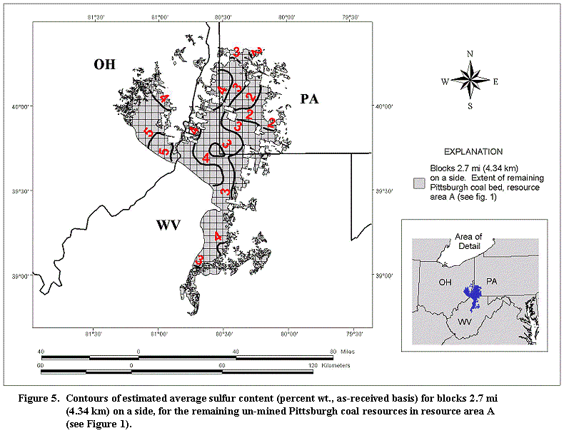 Figure 5. Contours of estimated average sulfur content (percent wt., as-received basis) for blocks 2.7 mi (4.34 km) on a side, for the remaining un-mined Pittsburgh coal resources in resource area A (see Figure 1).