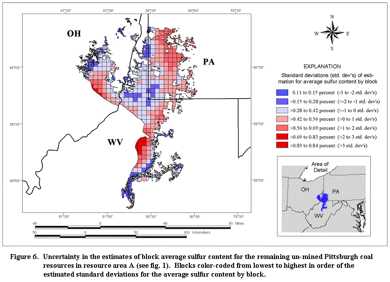 Figure 6. Uncertainty in the estimates of block average sulfur content for the remaining un-mined Pittsburgh coal resources in resource area A (see fig. 1).