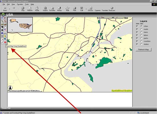 Screen capture: SpatialDirect ArcIMS for Esri integration adds a "download" button to your applications toolbox.