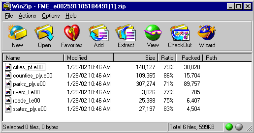 Screen Capture of files displayed in WinZip after SpatialDirect ArcIMS translation.