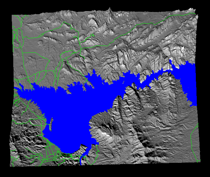 3D of the Lake Mead lower basin generated from a DEM with water boundaries and roadways