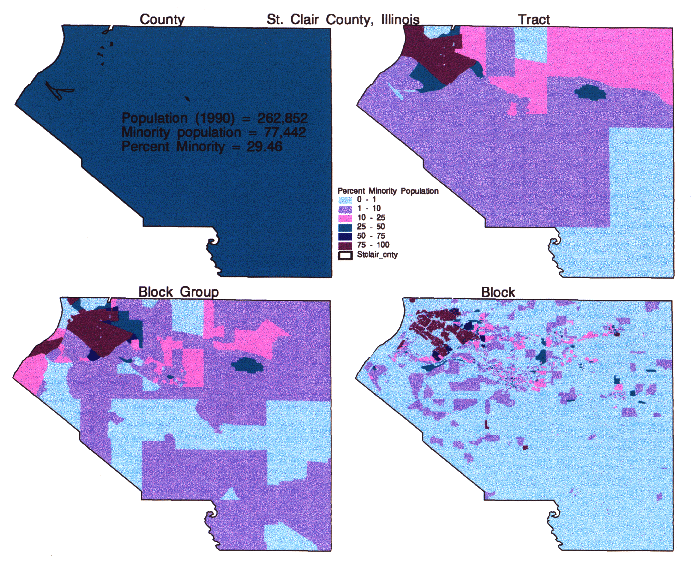 Figure 3. Impact of Spatial Resolution on Visualization of the Minority
Population Residing in St. Clair County, Illinois