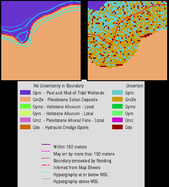 Display of GRID model of assigned values for
geologic units using the random number generator
in an area of inferred lines.