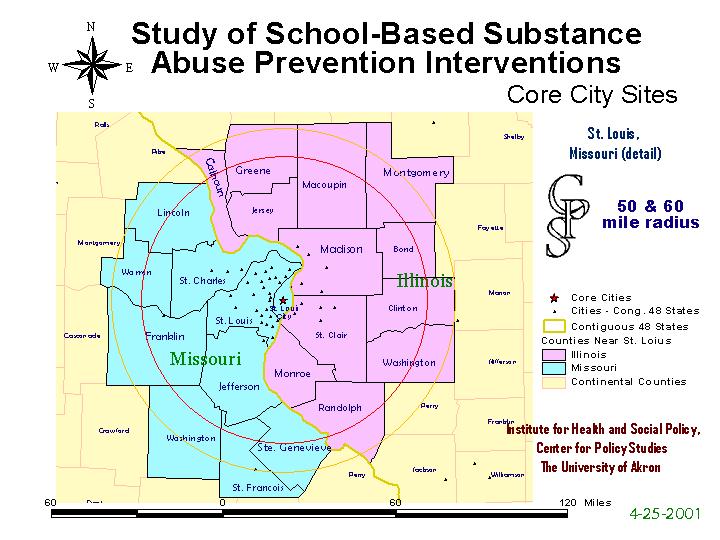 St Louis map, with 50 and 60 mile radius rings.