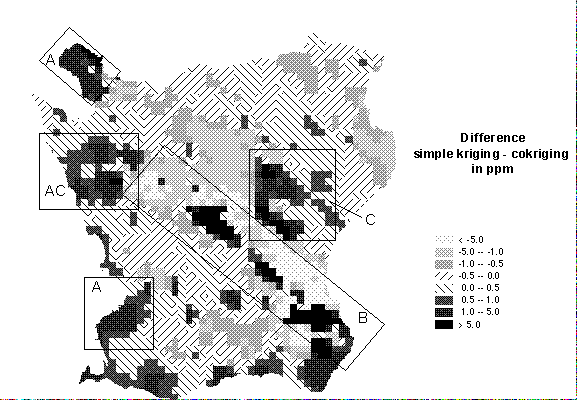 Figure 4. Map showing the difference between estimations calculated, equal to the estimates by Ordinary Kriging minus estimates by Cokriging.