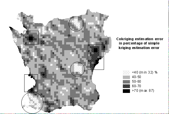 Figure 5. Error reduction map showing the cokriging error variance of estimation as a percentage of the ordinary kriging error variance  of estimation.