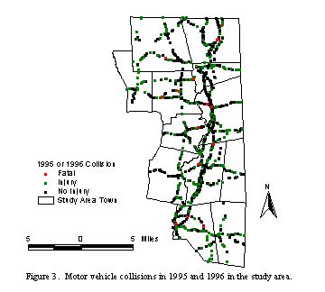 Figure 3. Motor vehicle collisions in 1995 and 1996 in the study area.