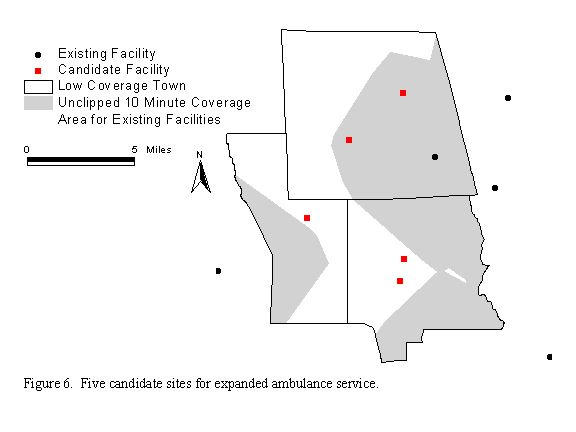 Figure 6. Five candidate sites for expanded ambulance service.