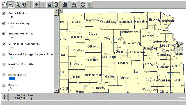 Figure 1: Lichens and SO2 generated by ArcView IMS, KanCRN