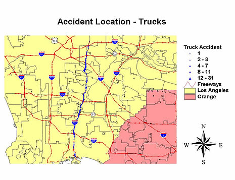 Figure 2.  Location of Accidents Involving Large Trucks Along I-710