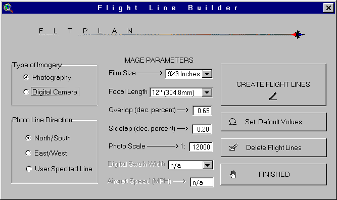 Figure 2. FLTPLAN's Flight Line Builder dialog interface allows the user to select photo mission parameters