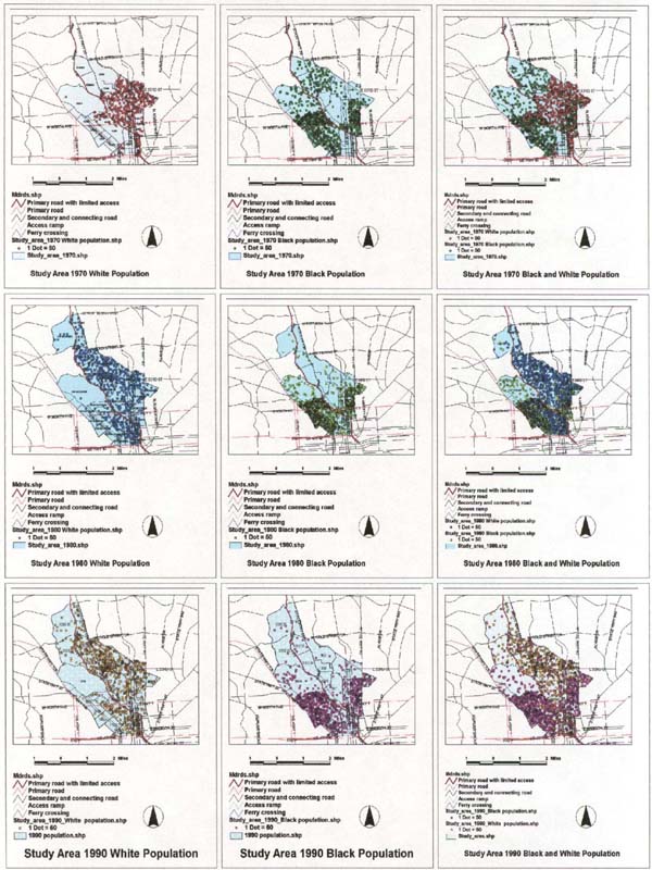  Side-by-side comparison of black and white population distribution along highway I-83 from 1970, 1980 and 1990