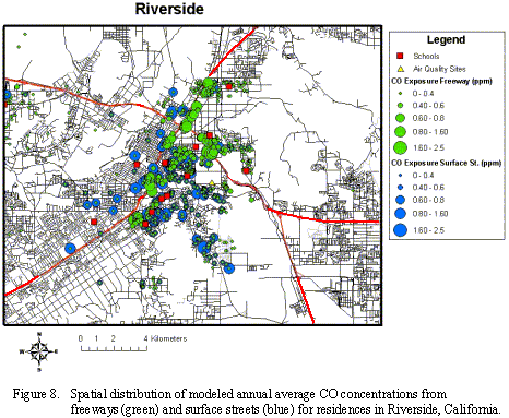 Spatial distribution of modeled annual average CO concentrations from freeways and surface streets for residences in Riverside, California.