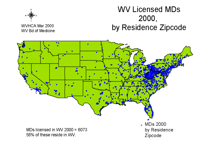 WV Licensed MDs 2000, by Residence Zipcode