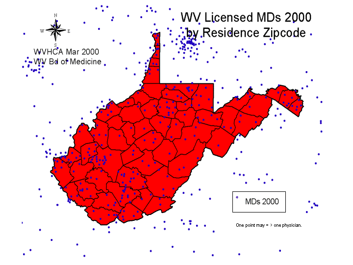 WV Licensed MDs 2000 by Residence Zipcode