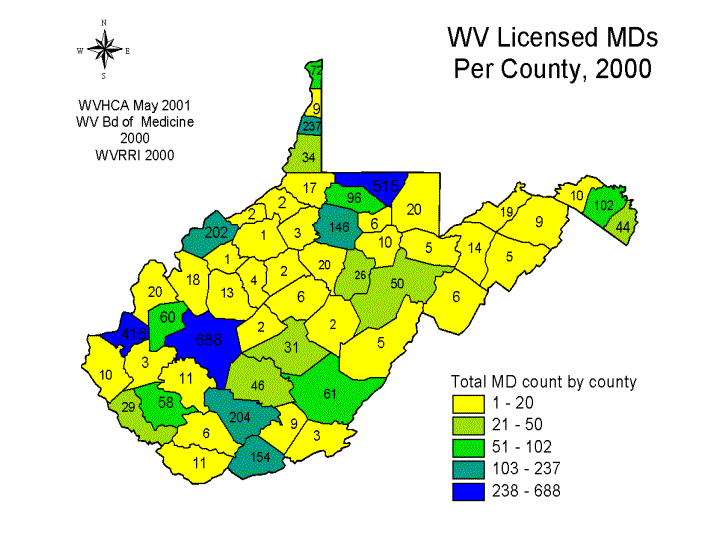 WV Licensed MDs Per County, 2000