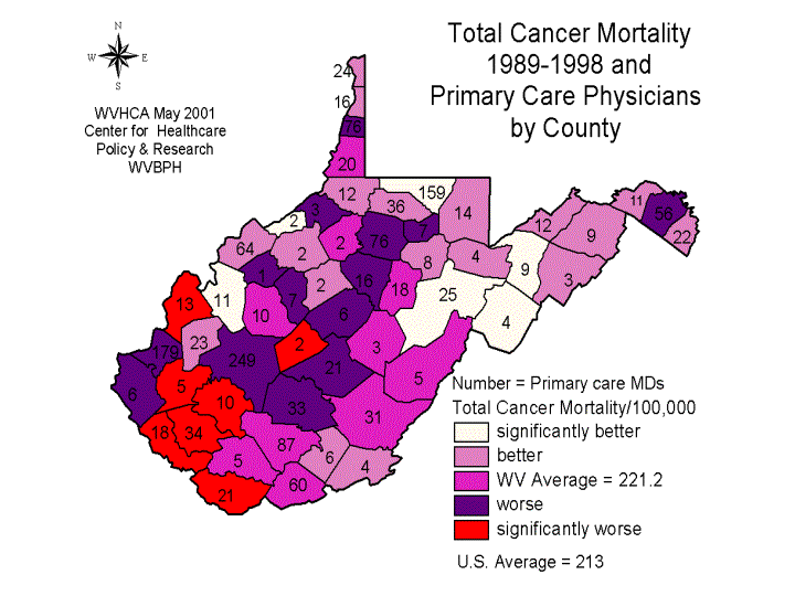 Total Cancer Mortality 1989-1998 and Primary Care Physicians by County