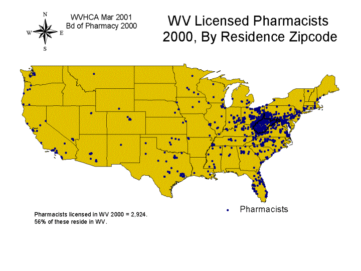 WV Licensed Pharmacists 2000, By Residence Zipcode (DIASPORA)