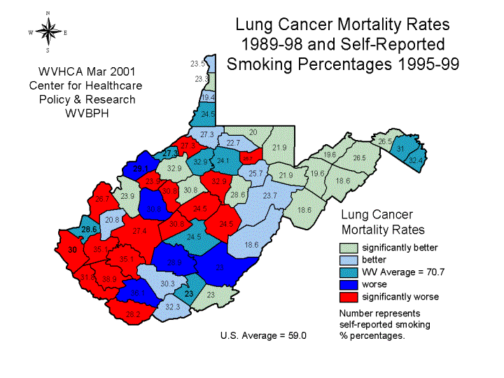 Lung Cancer mortality Rates 1989-98 and Self-Reported Smoking Percentages 1995-99