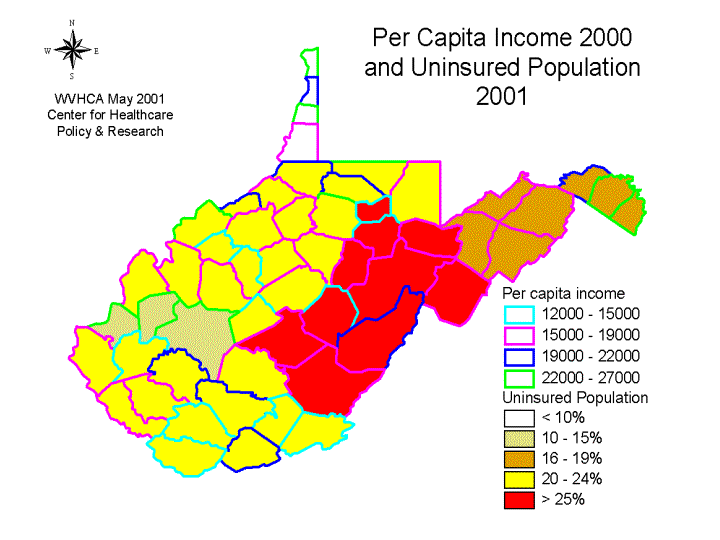 Per Capita Income 2000 and Uninsured Population 2001