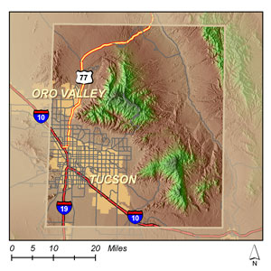 Map of Santa Catalina and Rincon Mountains, Arizona