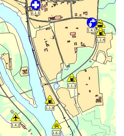 Selected risk sites (yellow symbols) and sites requiring special protection (blue symbols) are shown on a community map. Geodata from the Swedish Land Survey Office.