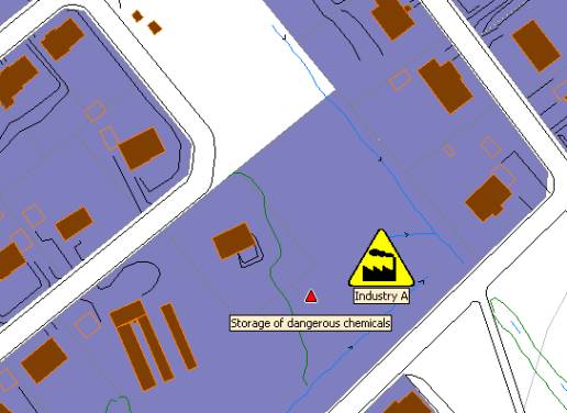 Red triangles show the location of risk sources at a risk site. This example is fictious.