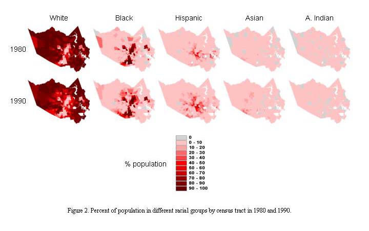 maps of population density by race, 1980 and 1990