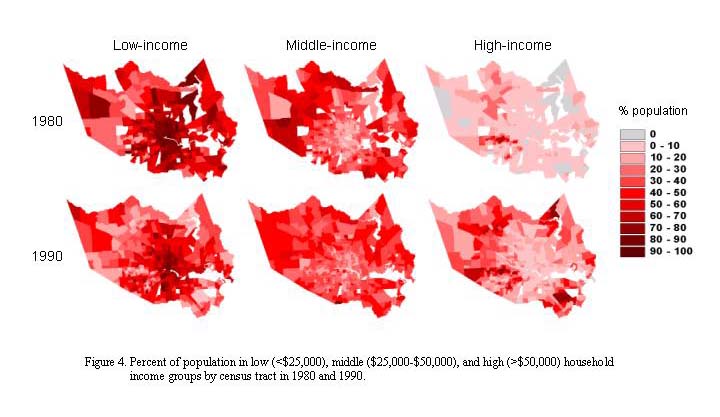 maps of population density by income class, 1980 and 1990