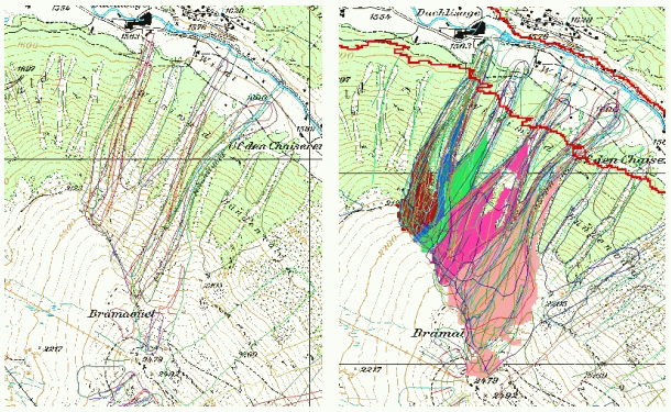 Figure 3: Left: Brmabel area in the region of Davos (CH) with observed avalanche events. Right: Release areas defined using the watershed approach. The red line indicate the lower boundary. Although the two pink ones on the right (SE) side seem to be well-defined, the others are not good, especially the blue one. (Digital Map Data PM25:  Swiss Federal Office of Topography).