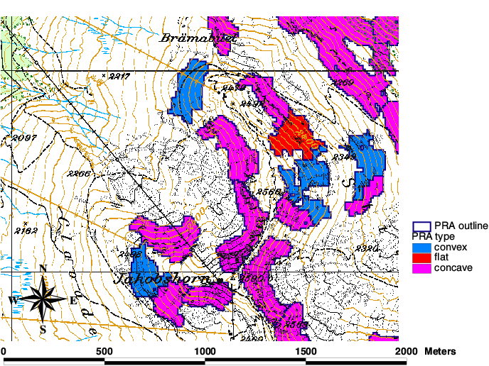 Figure 5:  The three test potential release areas PRA and past avalanche events. 
 (Digital Map Data PM25:  Swiss Federal Office of Topography).