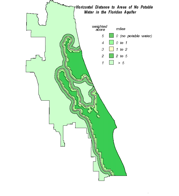 Horizontal distance to areas of no
potable water in the Floridan aquifer