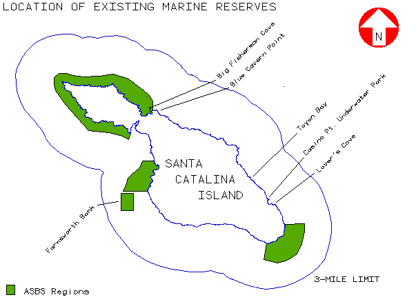 Figure 3: Location of existing marine reserves and state-designated Areas of Special Biological Significance (ASBS) around Santa Catalina Island