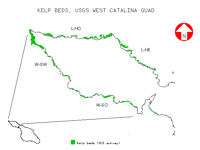 Figure 5: Kelp beds around West Catalina USGS quad based on Southern California Edison survey showing the West leeward northeast (L-NE) and north (L-NO), and West windward southwest (W-SW) and south (W-SO) sub-regions (data courtesy Albert Lin, GIS Specialist, SCE)
