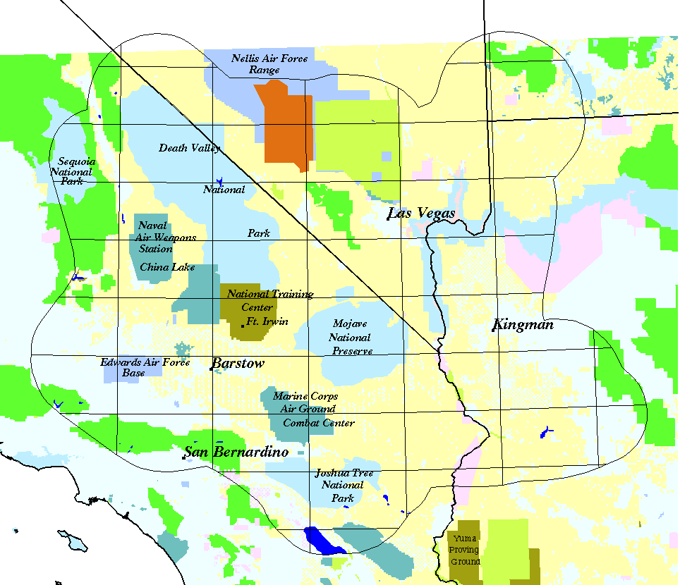 Image map of Mojave region with 100K quadrangle outlines