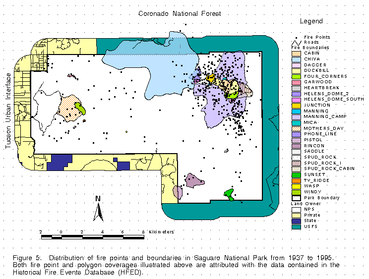 Figure 5. Distribution of fire points and boundaries in Saguaro National Park (1937-1995)