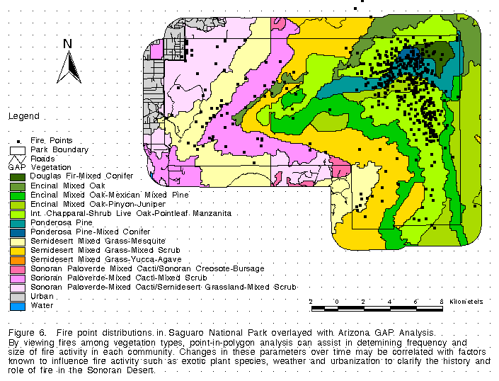 Figure 6. Fire point locations in Saguaro National Park (1937-1995) with GAP Vegetation