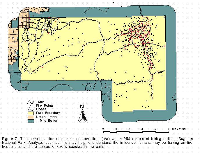 Figure 7. A point-near-line selection of historical fire points and hiking trails in Saguaro National Park
