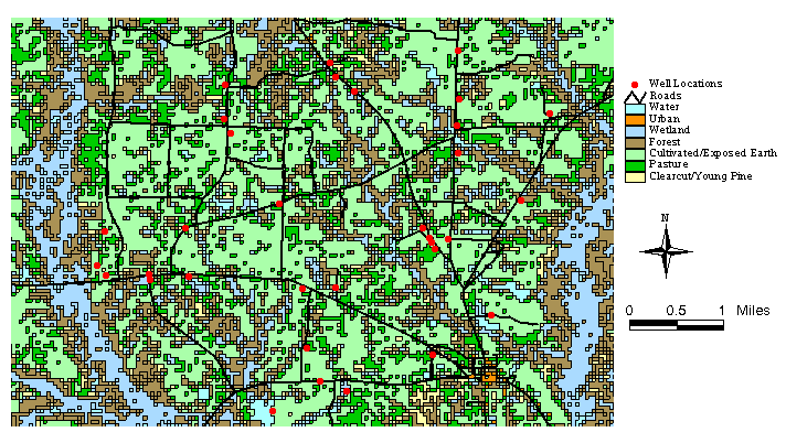 WELLS LOCATIONS IN RELATION TO LAND TYPE IN
CENTRAL CALHOUN COUNTY