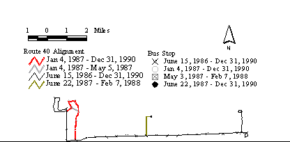 Figure 2.  Changes in Bus Route 40 between June 15, 1986,
and December 31, 1990