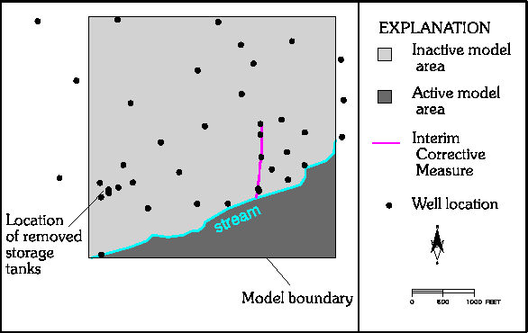 Map of modeled area showing locations of wells, the interim corrective 
measure, and extent of modeled area.