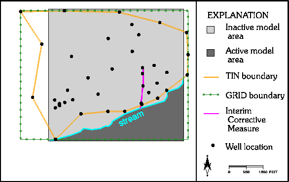 Map showing the differences in boundaries calculated by TIN and SPLINE 
interpolation methods.