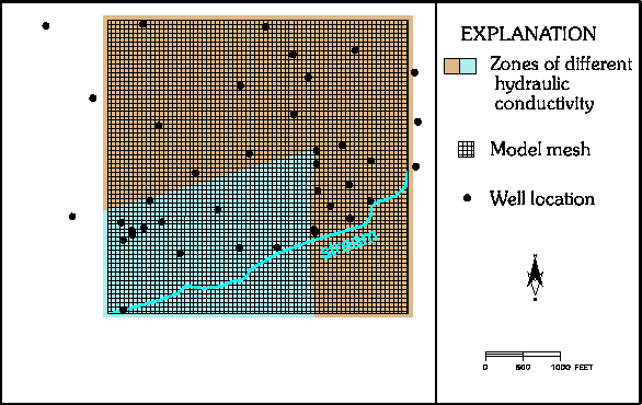 Map showing sample overlay of the model mesh with a polygon coverage of hydraulic 
conductivity zones.