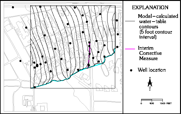 Map of MODFLOW-calculated water-table elevation contours displayed in ARC 
with other spatially referenced information.
