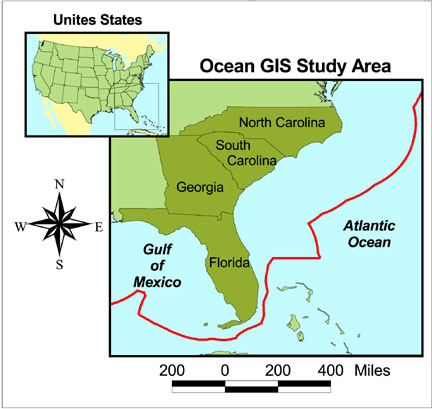 The Ocean Planning and Governance GIS study area extends from the states' coastal zone out to the Exclusive Economic Zone.